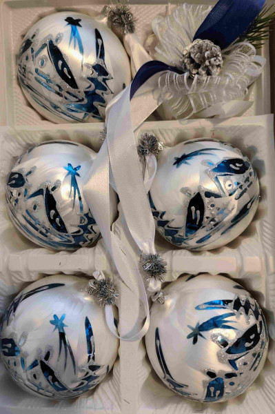 Dekorationsgehänge eisweiß/blaue Winterlandschaft 10cm Kugel/ 5fach